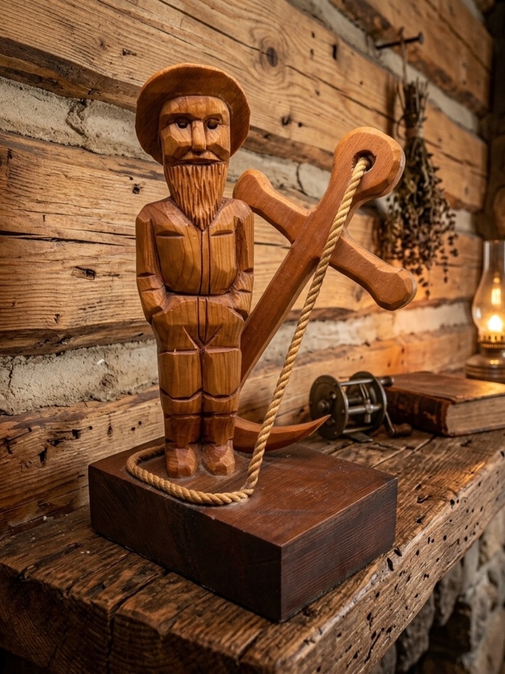 Carved Wood Mariner Sculpture
Fisherman Anchor Vintage Folk Art Rustic